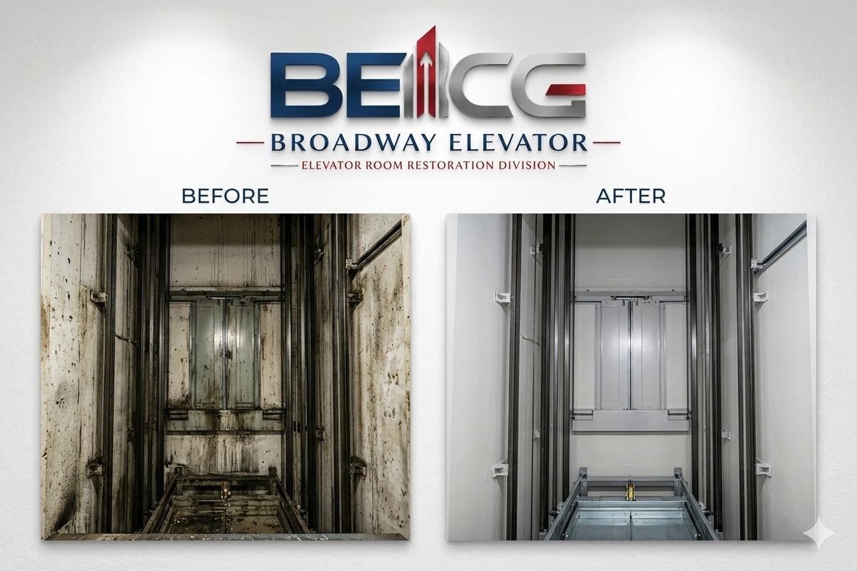 Elevator hoistway before and after restoration — a dust- and grease-coated shaft with stained walls transformed into a clean, painted hoistway with bright rails and clear surfaces.